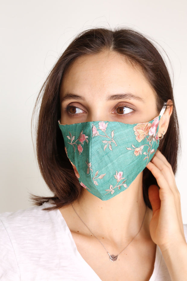 TURQUOISE SILK EMBROIDERED FACE MASK DATU - sustainably made MOMO NEW YORK sustainable clothing, slow fashion