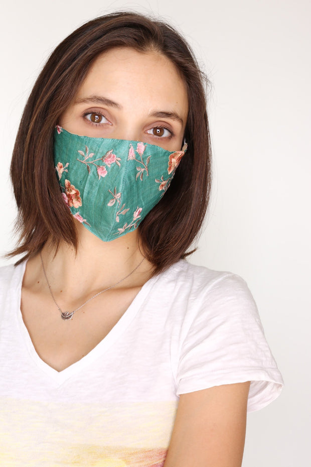 TURQUOISE SILK EMBROIDERED FACE MASK DATU - sustainably made MOMO NEW YORK sustainable clothing, slow fashion