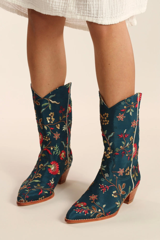 TURQUOISE WESTERN BOOTS OLIVIA - sustainably made MOMO NEW YORK sustainable clothing, boots slow fashion