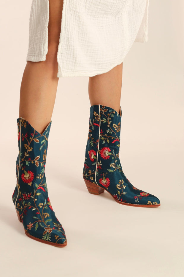 TURQUOISE WESTERN BOOTS OLIVIA - sustainably made MOMO NEW YORK sustainable clothing, boots slow fashion