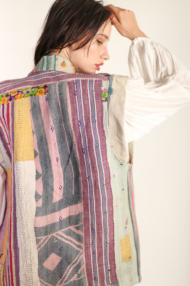 VINTAGE KANTHA QUILT VEST TINE - sustainably made MOMO NEW YORK sustainable clothing, Kimono slow fashion