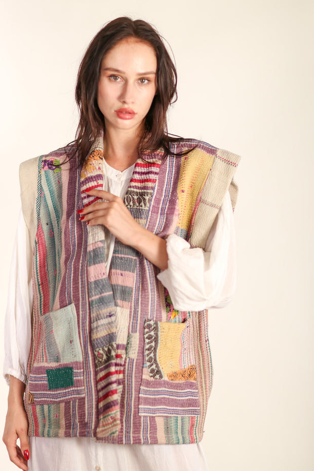 VINTAGE KANTHA QUILT VEST TINE - sustainably made MOMO NEW YORK sustainable clothing, Kimono slow fashion