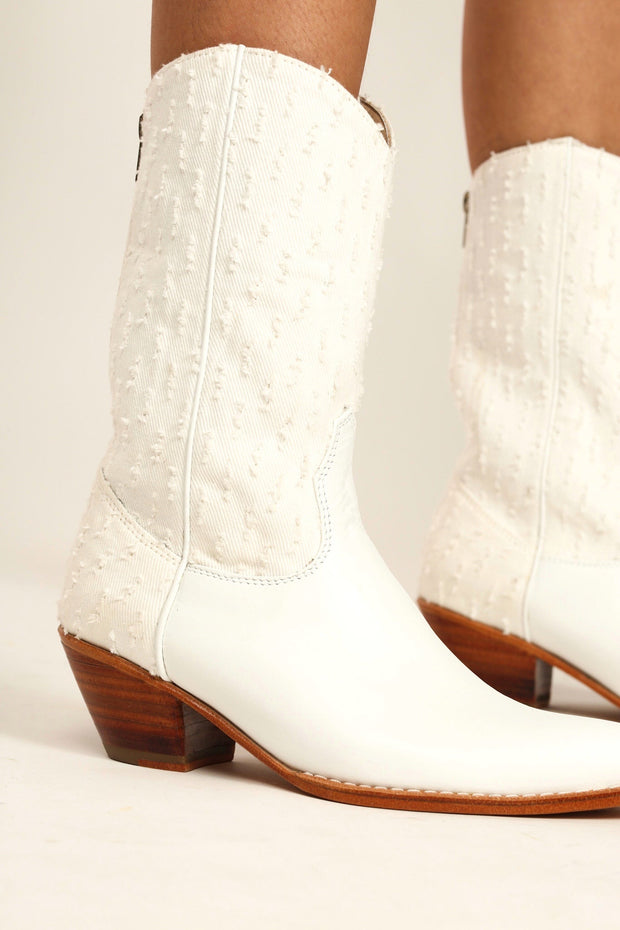 WHITE DENIM WESTERN BOOTS MILKA - sustainably made MOMO NEW YORK sustainable clothing, boots slow fashion