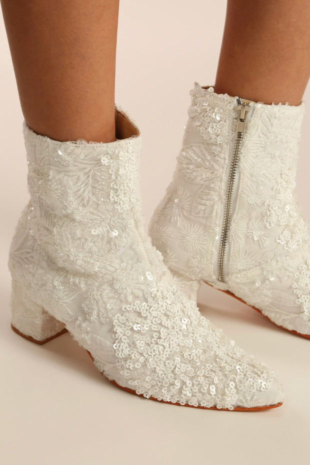 WHITE SEQUIN EMBROIDERED WEDDING BOOTS ODECIA - sustainably made MOMO NEW YORK sustainable clothing, boots slow fashion